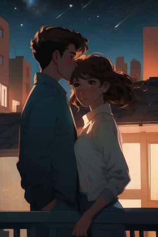 A tender moment unfolds on the rooftop balcony as the young girl with wavy brown hair and warm brown eyes gazes up at the star-filled night sky. The handsome young man stands discreetly behind her, his presence a subtle reminder of their love. Framed by the railing, the couple's silhouettes blend with the city lights below, while the celestial backdrop shines bright.