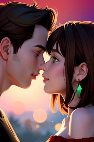 A whimsical illustration of a girl with brown hair and striking green eyes, flashing a radiant smile as she locks lips with a boy in a bold, red background. Her bare shoulders gleam under soft lighting, adorned with delicate jewelry. The flat vector art style gives the scene a stylized, graphic quality, while the Eve3D-like elements add a touch of depth and dimensionality. The nod to nodf_lora suggests a subtle, ethereal atmosphere, perfect for capturing the tender moment as the couple shares a kiss amidst the vibrant red hues.