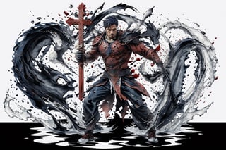 8k, (absurdres, highres, ultra detailed), (1 man:1.3), EpicArt,Chinese ink paint, ((colorful water inkSpot)) ,black and white,Chinese style, burgundy-blue theme, full body,normal clothes,ink splash,dark background,asian man,holding a cross in his hand,4rmorbre4k