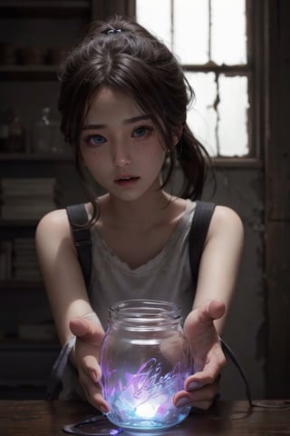 1 girl, extremely detailed eyes and face  , blue eyes, :), black hair, very long hair, side_ponytail, purple light,perfect,JAR, ,TheLastOfUs