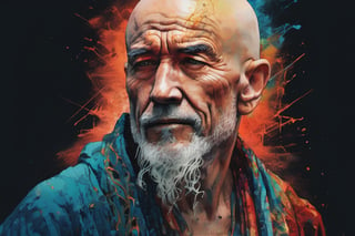 old bald man,(looking at the viewer),(dirty),(messy),(robes),(happy)|  black Dark background| anime style| key visual| intricate detail| highly detailed| breathtaking| vibrant| panoramic| cinematic| Carne Griffiths| Conrad Roset| ghibli,digital artwork by Beksinski,art_booster,DonMM1y4XL,DOUBLE EXPOSURE