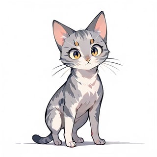 a grey Tabby cat with white base , animal focus, cute, Simple flat style, white background, bow, standing, no humans,flat color