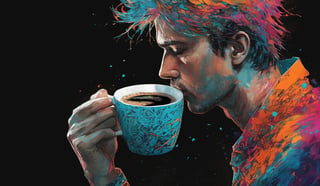 man with a coffee| dark background| anime style| key visual| intricate detail| highly detailed| breathtaking| vibrant| panoramic| cinematic| Carne Griffiths| Conrad Roset| ghibli,digital artwork by Beksinski,shards,glass,nodf_xl,art_booster