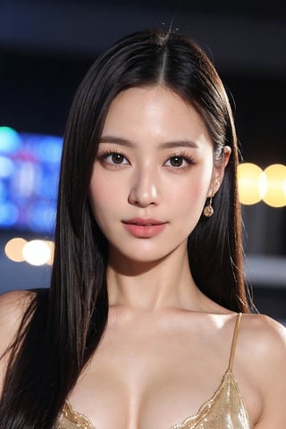Masterpiece, highest quality, realistic, very fine and fine details, high_resolution, 8k wallpapers, studio lighting, front view, night street view, 1 beautiful woman, 22 yo, korean, beautiful gorgeous face, [:(detailed face:1.2):0.2], bright big eyes, pureerosface_v1,  (glossy lips), shame smile, long black hair, straight hair, sharp focus, medium_breasts, brown eyes, beautiful, detailed and realistic skin texture, height 170, (perfect feminine body), casual wear,  shame, smile, fantastic, angelic, Extremely Realistic, Extremely Realistic, chinatsumura,eungirl, standing, wide_shot,