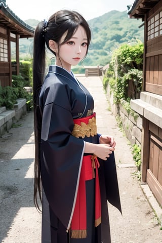 pony_tail,Korean_traditional_dress, paper_scroll,full_shot