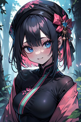 dark blue hair, blue eyes, pink kimono outfit with black edges, friendly face, a black spandex that covers his entire body, headscarf, killer, happy smile, bangs, in the forest at night, masterpiece, detailed, high quality, absurd, the strongest human of all, bringer of the world's hope, short hair, black lycra, masterpiece, excellent quality, excellent quality, perfect face, medium breasts

