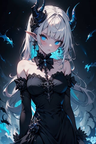 white hair, deep blue eyes, aura of dark power, the most powerful being in the world, queen of darkness, lost look, pointed ears drooping pointing downwards, black dress with blue edges, killer of gods, the one who killed Lucifer, incarnation of the gods dragons, masterpiece, very good quality, excellent quality, perfect face, small breasts, serious face, dazed, calm, kuudere, eyes with blue flames, looking down, as if on top of the world, horns, fake goddess, bare shoulders, gothic, Mullet Bangs, staring, sad expression, blue roses in her hair and her dress,emanates the power of chaos within her,black sclera,black bow tie, domino dresses from the Victorian era.