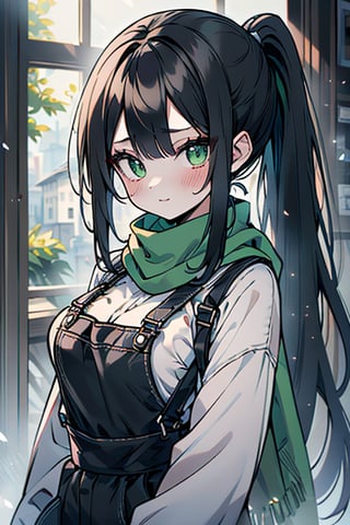 She is a woman of immeasurable beauty, black hair, long hair, green scarf, teenager, green eyes, gesticulated look, happy, egocentric, beautiful clothes, medium breasts, a masterpiece, detailed, high quality, very high resolution, peasant clothes , perfect face, poor, overalls, masterpiece, good quality, excellent quality, hair in a ponytail, headscarflittle girl, loli, young girl

