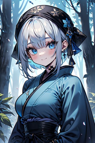 white blue hair, blue eyes, blue kimono outfit with black edges, friendly face, a black spandex that covers his entire body, headscarf, killer, happy smile, bangs, in the forest at night, masterpiece, detailed, high quality, absurd, the strongest human of all, bringer of the world's hope, short hair, black lycra, masterpiece, excellent quality, excellent quality, perfect face, medium breasts

