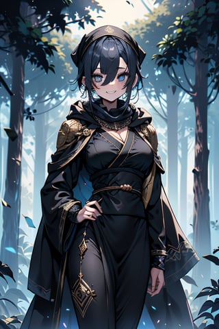 dark blue hair, blue eyes, gold kimono suit with black edges, friendly face, a black spandex that covers his entire body, headscarf, killer, happy smile, bangs, in the forest at night, masterpiece, detailed, high quality, absurd, the strongest human of all, bringer of the world's hope, short hair, black lycra, masterpiece, excellent quality, excellent quality, perfect face, medium breasts, black scarf, judge, lawyer, judge's robe , toga

