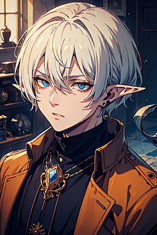 man, white hair, thief clothes, a siscon, arrogant, silly, serious, masterpiece, high quality, 4k, very good resolution,herochromatic, golden right eye and orange left eye, Fade cut for men, blue eyes,Elf's ears,poor.
