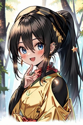 black hair, blue eyes, yellow Kimono
 outfit with black edges, a red scarf with gold stripes, the edges have small golden touches, friendly face, a black spandex that covers her entire body, headscarf, killer, happy smile , bangs, in the forest at night, masterpiece, star earrings, detailed, high quality, absurd, the strongest human of all, bringer of the world's hope, hair in ponytail,black lycra, masterpiece, excellent quality, excellent quality, perfect face.

