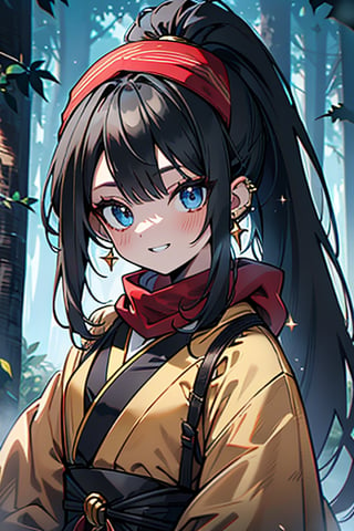 black hair, blue eyes, yellow Kimono
 outfit with black edges, a red scarf with gold stripes, the edges have small golden touches, friendly face, a black spandex that covers her entire body, headscarf, killer, happy smile , bangs, in the forest at night, masterpiece, star earrings, detailed, high quality, absurd, the strongest human of all, bringer of the world's hope, hair in ponytail,black lycra, masterpiece, excellent quality, excellent quality, perfect face.

