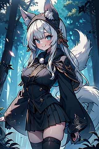 white blue hair, blue eyes, vintage style cape, friendly face, skirt, headscarf, killer, happy smile, blows, in the forest at night, masterpiece, detailed, high quality, absurd, the most human force of all , bearer of the hope of the world, long hair, black stockings, masterpiece, excellent quality, perfect face, medium breasts, kitsune ears, kitsune tail, 

