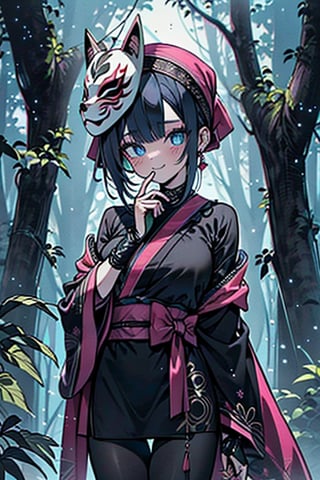 dark blue hair, blue eyes, pink kimono outfit with black edges, friendly face, a black spandex that covers his entire body, headscarf, killer, happy smile, bangs, in the forest at night, masterpiece, detailed, high quality, absurd, the strongest human of all, bringer of the world's hope, short hair, black lycra, black pantyhouse, masterpiece, excellent quality, excellent quality, perfect face, medium breasts,mask on hand, (black fox mask, mask on the hand, put on mask)
