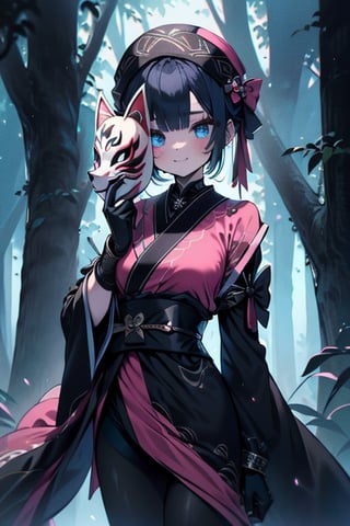 dark blue hair, blue eyes, pink kimono outfit with black edges, friendly face, a black spandex that covers his entire body, headscarf, killer, happy smile, bangs, in the forest at night, masterpiece, detailed, high quality, absurd, the strongest human of all, bringer of the world's hope, short hair, black lycra, black pantyhouse, masterpiece, excellent quality, excellent quality, perfect face, medium breasts,mask on hand, (fox mask, mask on the hand, put on mask),ribbon with bow at the waist, long kimono.

