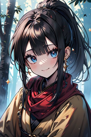 black hair, blue eyes, yellow Kimono
 outfit with black edges, a red scarf with gold stripes, the edges have small golden touches, friendly face, a black spandex that covers her entire body, headscarf, killer, happy smile , bangs, in the forest at night, masterpiece, star earrings, detailed, high quality, absurd, the strongest human of all, bringer of the world's hope, hair in ponytail,black lycra, masterpiece, excellent quality, excellent quality, perfect face.

