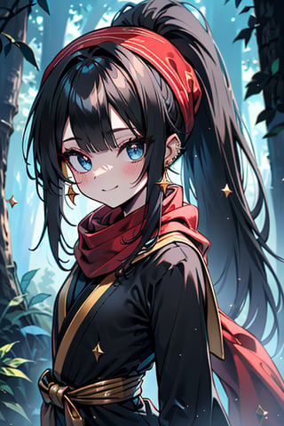 black hair, blue eyes, yellow Kimono
 outfit with black edges, a red scarf with gold stripes, the edges have small golden touches, friendly face, a black spandex that covers her entire body, headscarf, killer, happy smile , bangs, in the forest at night, masterpiece, star earrings, detailed, high quality, absurd, the strongest human of all, bringer of the world's hope, hair in ponytail,black lycra, masterpiece, excellent quality, excellent quality, perfect face.


