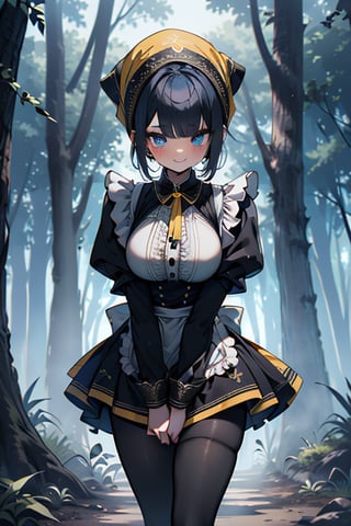 dark blue hair, blue eyes, yellow maid outfit, friendly face, a black spandex that covers her entire body, headscarf, killer, happy smile, bangs, in the forest at night, masterpiece, detailed, high quality, absurd, the strongest human of all, bearer of the world's hope, short hair, black lycra, black pantyhouse, masterpiece, excellent quality, excellent quality, perfect face, medium breasts

