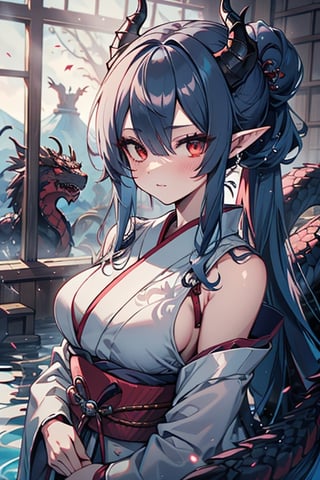 dragon woman, wingless, medium hair, shy face, blue kimono, blue hair, dragon horns, dragon tail, red eyes, dragon horns, medium breasts, beautiful, the sword maiden, tail attached to the body, her power comes from of primordial water, masterpiece, very good quality, excellent quality, perfect face, samurai, mother of the family, master of combat, wise, bangs that cover her eyes,hair up,Japanese house,pointy ears.
