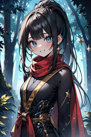 black hair, blue eyes, yellow Kimono
 outfit with black edges, a red scarf with gold stripes, the edges have small golden touches, friendly face, a black spandex that covers her entire body, headscarf, killer, happy smile , bangs, in the forest at night, masterpiece, star earrings, detailed, high quality, absurd, the strongest human of all, bringer of the world's hope, hair in ponytail,black lycra, masterpiece, excellent quality, excellent quality, perfect face.

