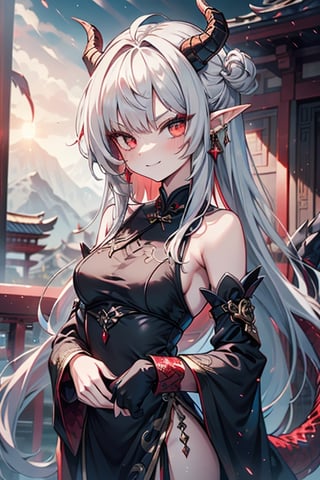 light red eyes, pointed horns, small breasts, beautiful, the woman who reflects the sun, the emperor's right hand, tail close to the body, the master of manipulation, Chinese temple, pointed ears, serious face, calm smile, red tail with light blue parts, dragon horns, gold jewelry, silver ring, diamond chain, white locks, white bangs, red hair and white locks, two-color hair, black qipa with gold trim, elegant.

