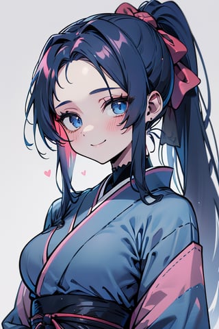 dark blue hair, blue eyes, simple pink kimono, friendly face, headscarf, happy smile, poor man without bangs, masterpiece, detailed, high quality, absurd, the strongest human of all, bringer of the world's hope , long hair with a ponytail, masterpiece, excellent quality, excellent quality, perfect face, medium breasts, poor, peasant.

,monadef