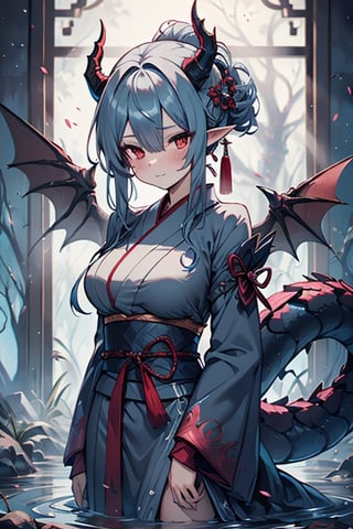 dragon woman, wingless, medium hair, shy face, blue kimono, blue hair, dragon horns, dragon tail, red eyes, dragon horns, medium breasts, beautiful, the sword maiden, tail attached to the body, her power comes from of primordial water, masterpiece, very good quality, excellent quality, perfect face, samurai, mother of the family, master of combat, wise, bangs that cover her eyes,hair up,Japanese house,pointy ears.
