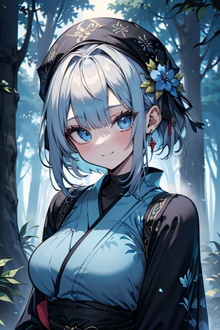 white blue hair, blue eyes, blue kimono outfit with black edges, friendly face, a black spandex that covers his entire body, headscarf, killer, happy smile, bangs, in the forest at night, masterpiece, detailed, high quality, absurd, the strongest human of all, bringer of the world's hope, short hair, black lycra, masterpiece, excellent quality, excellent quality, perfect face, medium breasts

