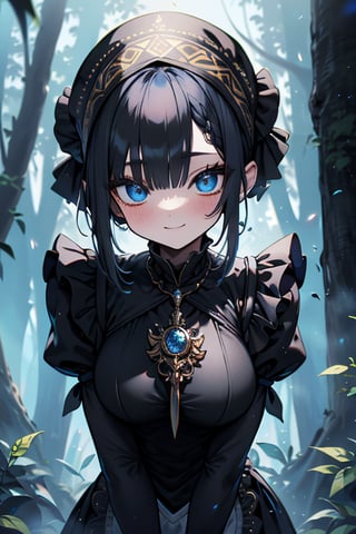 dark blue hair, blue eyes, yellow maid outfit, friendly face, a black spandex that covers her entire body, headscarf, killer, happy smile, bangs, in the forest at night, masterpiece, detailed, high quality, absurd, the strongest human of all, bearer of the world's hope, short hair, black lycra, black pantyhouse, masterpiece, excellent quality, excellent quality, perfect face, medium breasts

