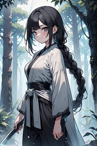 kind woman, black hair, medium hair, hair in braid down to her back, a single braid, dirty clothes, warrior, beast tamer, the killer of gods, black eyes, old clothes, alone, forest, kind smile, innocent, breasts small, tall woman, amazon, samurai, gray kimono jacket ideal for combat, wide pants, happy, friendly, good person, katanas sheathed at her waist, masterpiece, good quality, swords well positioned at her waist, good hands, aquamarine belt.


