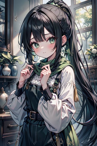She is a woman of immeasurable beauty, black hair, long hair, green scarf, teenager, green eyes, gesticulated look, happy, egocentric, beautiful clothes, a masterpiece, detailed, high quality, very high resolution, peasant clothes , perfect face, poor, overalls, masterpiece, good quality, excellent quality, hair in a Two ponytail, headscarflittle girl, loli, young girl

