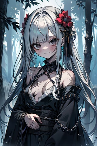 white hair, black eyes, dirty and poor black kimono, sad face, lost, sad smile, slave, chains, bangs, in the forest at night, high quality, absurd, the human who longed for freedom, long hair, masterpiece, excellent quality, excellent quality, perfect face,teenager, small breasts, 16 year old appearance,scars, depressed, poor, torn clothes.



