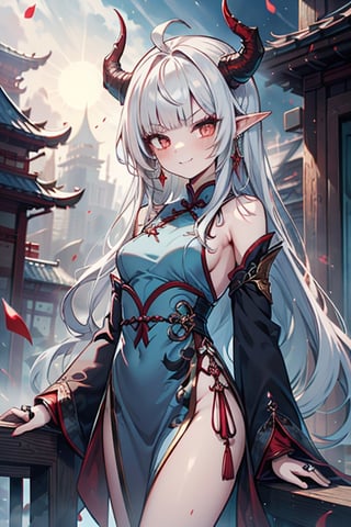 light red eyes, pointed horns, small breasts, beautiful, the woman who reflects the sun, the emperor's right hand, tail close to the body, the master of manipulation, Chinese temple, pointed ears, serious face, calm smile, red tail with light blue parts, dragon horns, gold jewelry, silver ring, diamond chain, white locks, white bangs, red hair and white locks, two-color hair, black qipa with gold trim, elegant.

