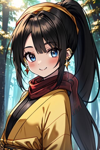 black hair, blue eyes, yellow Kimono
 outfit with black edges, a red scarf with gold stripes, the edges have small golden touches, friendly face, a black spandex that covers her entire body, headscarf, killer, happy smile , bangs, in the forest at night, masterpiece, star earrings, detailed, high quality, absurd, the strongest human of all, bringer of the world's hope, hair in ponytail,black lycra, masterpiece, excellent quality, excellent quality, perfect face.

