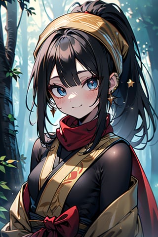 black hair, blue eyes, yellow Kimono
 outfit with black edges, a red scarf with gold stripes, the edges have small golden touches, friendly face, a black spandex that covers her entire body, headscarf, killer, happy smile , bangs, in the forest at night, masterpiece, star earrings, detailed, high quality, absurd, the strongest human of all, bringer of the world's hope, hair in ponytail,black lycra, masterpiece, excellent quality, excellent quality, perfect face.

