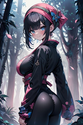 dark blue hair, blue eyes, pink kimono outfit with black edges, friendly face, a black spandex that covers his entire body, headscarf, killer, happy smile, bangs, in the forest at night, masterpiece, detailed, high quality, absurd, the strongest human of all, bringer of the world's hope, short hair, black lycra, masterpiece, excellent quality, excellent quality, perfect face, medium breasts,big ass,

