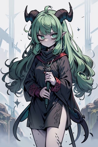 a woman with a strange look, goat horns, horned tail, goat feet, satire, long hair, green hair, small, small ones, druid, dark tunic, good quality, masterpiece, sorceress staff in her right hand.



,pandemonica(helltaker)