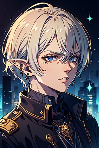 man, white hair, thief clothes, a siscon, arrogant, silly, serious, masterpiece, high quality, 4k, very good resolution,herochromatic, golden right eye and orange left eye, Fade cut for men, blue eyes,Elf's ears,poor,nose piercing, mouth piercing, ear piercing.