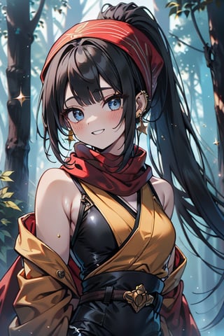 black hair, blue eyes, yellow Kimono
 outfit with black edges, a red scarf with gold stripes, the edges have small golden touches, friendly face, a black spandex that covers her entire body, headscarf, killer, happy smile , bangs, in the forest at night, masterpiece, star earrings, detailed, high quality, absurd, the strongest human of all, bringer of the world's hope, hair in ponytail,black lycra, masterpiece, excellent quality, excellent quality, perfect face.

