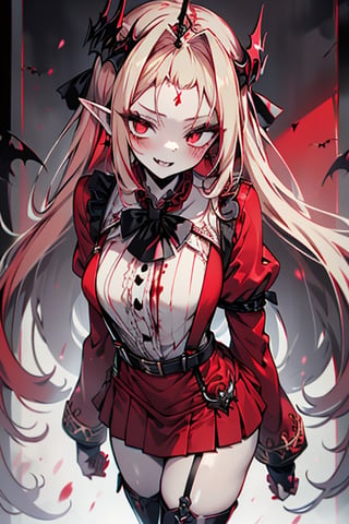 an arrogant woman, blonde, cold-blooded murderer, the final enemy of this world, medium breasts, pointed ears, vampire, eyes red like blood, smiling mischievously, red bowtie scarf, red suit with skirt with black borders, black crosses on his forehead, very pale skin, high_resolution, best quality, extremely detailed, HD, 8K, 1 girl, solo, sexy_figure, hot, 170 cm, tall_girl, LONG HAIR, DIAMOND THROAT, BLACK ASCOT, SEPARATED NECK, CENTER Ruffles, RED DRESS, RED SEPARATED SLEEVES, RED BELT, SKIRT WHITE, RED THIGH BOOTS, RED SUSPENDERS.TIARA,She represents death, the false goddess of putrefaction.

