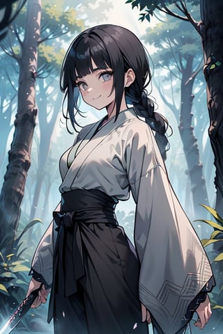 kind woman, black hair, medium hair, hair in braid down to her back, a single braid, dirty clothes, warrior, beast tamer, the killer of gods, black eyes, old clothes, alone, forest, kind smile, innocent, breasts small, tall woman, amazon, samurai, gray kimono jacket ideal for combat, wide pants, happy, friendly, good person, katanas sheathed at her waist, masterpiece, good quality, swords well positioned at her waist, good hands, aquamarine belt.



,hinata(boruto),hinata (shippuden)