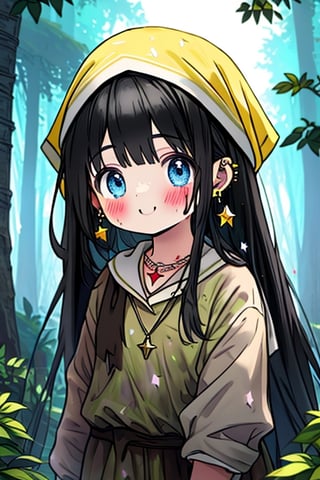 black hair, blue eyes, yellow attush, friendly face, headscarf, little girl, happy smile, bangs, in the forest at night, masterpiece, star earrings, detailed, high quality, absurd , strongest human being of all, bearer of the hope of the world, long hair, necklace of scales,perfect face,8 year old girl,
,best quality,Poor thing, dirty clothes, mud on the face.
