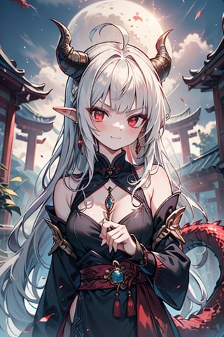 light red eyes, pointed horns, small breasts, beautiful, the woman who reflects the sun, the emperor's right hand, tail close to the body, the master of manipulation, Chinese temple, pointed ears, serious face, calm smile, red tail with light blue parts, dragon horns, gold jewelry, silver ring, diamond chain, white locks, white bangs, red hair and white locks, two-color hair, black qipa with gold trim, elegant.

