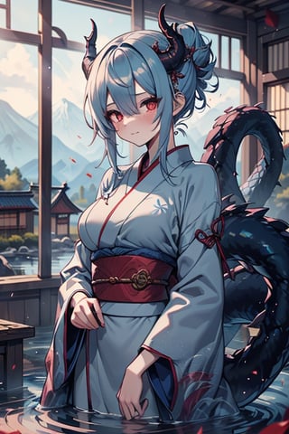 dragon woman, wingless, medium hair, shy face, blue kimono, blue hair, dragon horns, dragon tail, red eyes, dragon horns, medium breasts, beautiful, the sword maiden, tail attached to the body, her power comes from of primordial water, masterpiece, very good quality, excellent quality, perfect face, samurai, mother of the family, master of combat, wise, bangs that cover her eyes,hair up,Japanese house.