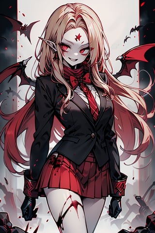 an arrogant woman, blonde, cold-blooded murderer, the final enemy of this world, medium breasts, pointed ears, vampire, eyes red like blood, smiling mischievously, red bowtie scarf, red suit with skirt with black borders, black crosses on his forehead, very pale skin.
,Baobhan