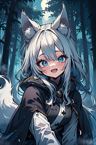 white hair, blue eyes, coat with blue vintage style cape, friendly face, skirt, killer, happy smile, blows, in the forest at night, masterpiece, detailed, high quality, absurd, long hair, black stockings, masterpiece, excellent quality, perfect face, medium breasts, kitsune ears, kitsune tail.

