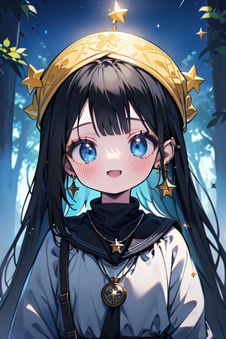 black hair, blue eyes, yellow attush, friendly face, headscarf, little girl, happy smile, bangs, in the forest at night, masterpiece, star earrings, detailed, high quality, absurd , strongest human being of all, bearer of the hope of the world, long hair, necklace of scales,perfect face,8 year old girl.
,best quality