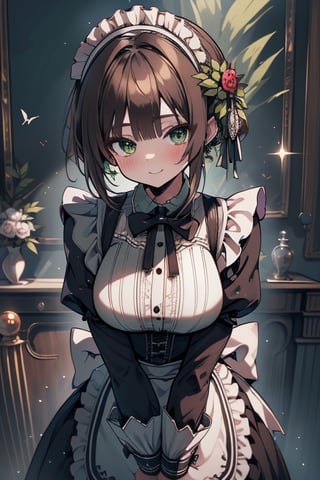 adult woman, big breasts, maid outfit, rich person outfit, friendly look, green eyes, brown hair, tall, mature,More Detail,Masterpiece, detailed, high quality, absurdres, short-hair, happy_face.,aaarisu