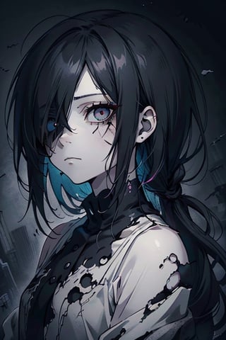 a young woman with long, straight black hair, messy and worn hair, very pale skin, one eye black and the other white, an enigmatic, melancholic, anxious, introspective expression, her clothing is minimalist, lonely, broken, enigmatic expression, perfect face, masterpiece, monster, very good quality.


,Touka